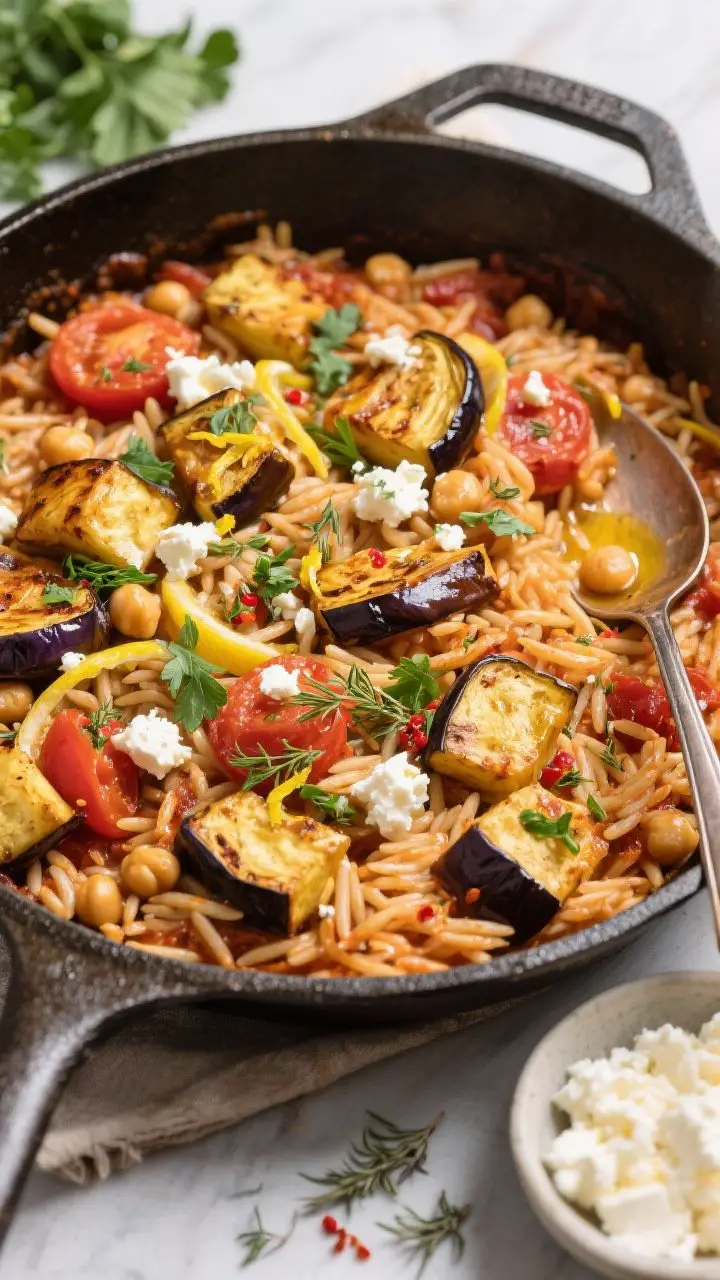 An overhead casserole-to-table scene of Baked Eggplant and Chickpea Orzo: golden roasted eggplant cubes folded into tomatoey whole-wheat orzo with chickpeas, oregano, and a hint of red pepper flakes. The bake is finished with lemon zest and juice, crumbled feta, and a shower of fresh parsley and dill/basil. Serve directly in an oven-safe skillet with a spoon nestled in, showing tender orzo and silky eggplant. Warm, cozy colors, glossy olive oil finish, and a small bowl of extra feta on the side for texture contrast.