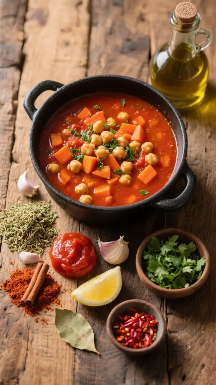 An overhead flat lay of Moroccan spiced chickpea and tomato soup mid-cook in a matte black pot: vivid red-orange broth dotted with chickpeas, diced carrot, and flecks of herbs. Beside the pot, arranged ingredients include piles of ground cumin, smoked paprika, coriander, cinnamon, a dollop of tomato paste, minced garlic, onion, bay leaf, lemon half, and a drizzle-ready bottle of olive oil. Add a small bowl of chopped cilantro/parsley and a pinch bowl of red pepper flakes. Rustic wooden surface, warm tones, cozy and aromatic.