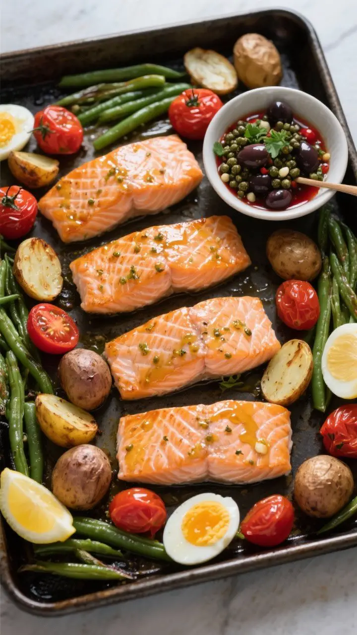 An overhead sheet-pan scene of Salmon Niçoise just out of the oven: four skin-on salmon fillets in the center brushed with Dijon and honey, surrounded by roasted baby potatoes (halved), blistered green beans, and burst cherry tomatoes. A small bowl on the side holds chunky garlicky olive dressing (chopped Kalamata olives, capers, red wine vinegar, parsley, olive oil) ready to spoon over. Optional halved soft-boiled eggs and lemon wedges tucked in corners. Crisp textures, vibrant reds/greens, and glistening salmon skin on a dark metal pan for contrast.
