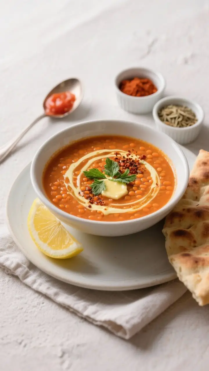 An overhead shot of Turkish red lentil soup (mercimek çorbası) just finished and garnished: a smooth, velvety, warm ochre-orange bowl with a swirl of lemon-brightened sheen. Finish with chopped parsley or mint and a dramatic drizzle of melted butter tinted with Aleppo pepper. Place lemon wedges, a spoonful of tomato paste, cumin and paprika in small ramekins, and warm flatbread on the side. Clean linen, minimal props, modern Anatolian simplicity.