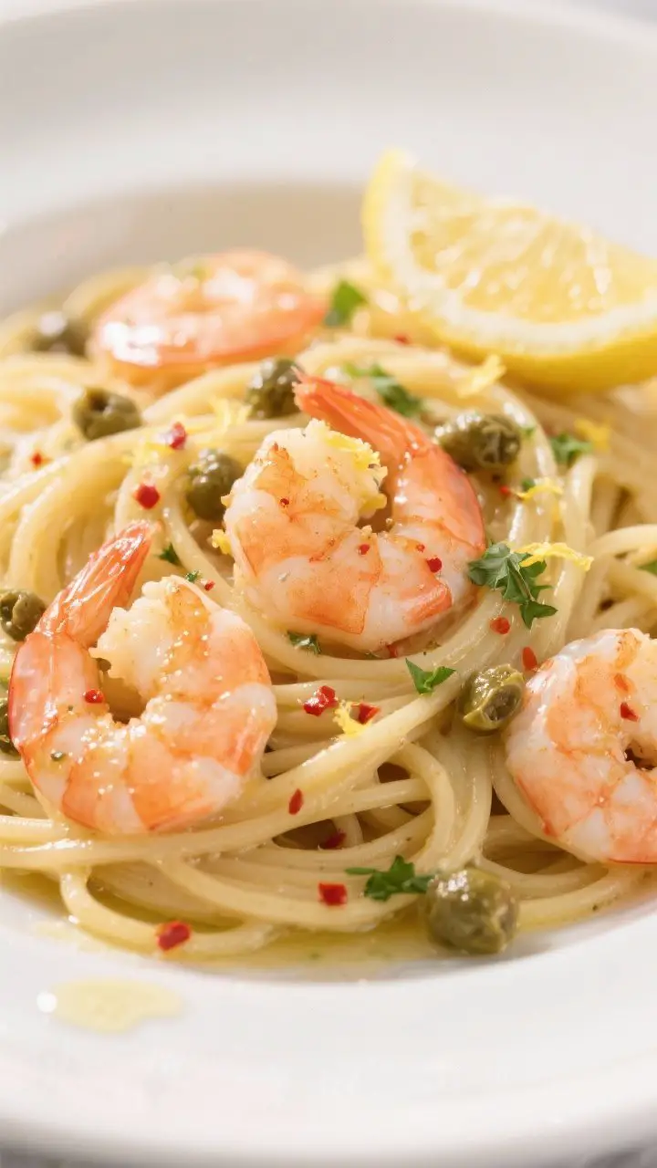 Close-up action shot of Garlicky Shrimp Spaghetti tossed in a glossy white wine–lemon–butter sauce; plump pink shrimp, flecks of red pepper flakes, briny capers, and chopped parsley clinging to al dente strands; lemon zest visible, with a lemon wedge and a small splash of emulsified sauce pooling at the rim; bright, clean light to emphasize sheen, shallow depth of field for appetizing texture.