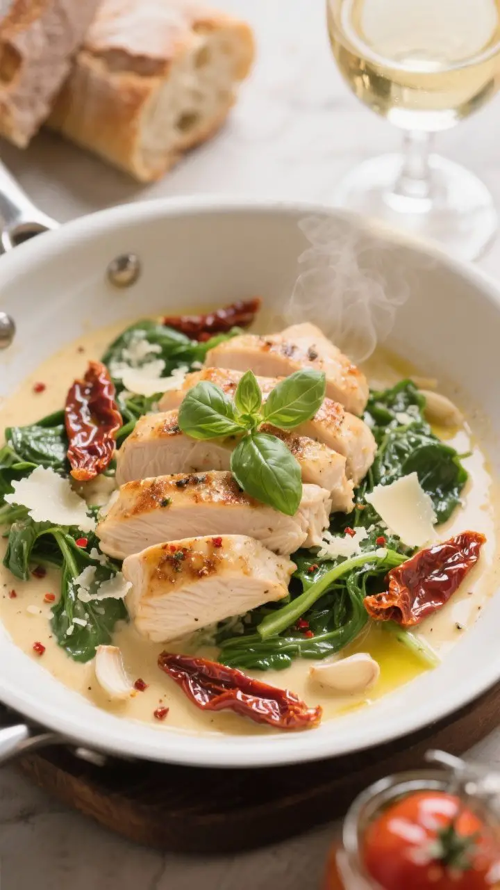 Close-up creamy Tuscan chicken in a shallow white skillet: sliced seared chicken breasts bathed in a silky pale-gold sauce with sun-dried tomato ribbons, wilted baby spinach, and finely grated Parmesan melting in; flecks of Italian seasoning, minced garlic, and a hint of red pepper flakes visible; a shine of olive oil from the tomato jar glistening on the surface; garnished with fresh chopped basil; background hints of crusty bread and a glass of dry white wine; rich, cozy restaurant feel with gentle steam.