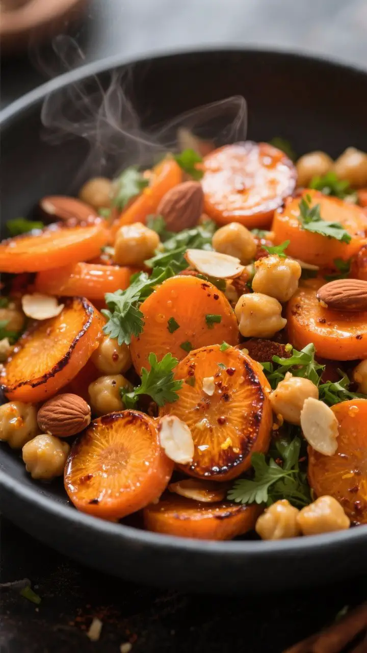 Close-up, warm-toned shot of Moroccan carrot and chickpea salad just after tossing: roasted carrot coins with caramelized edges mingling with plump chickpeas, glistening in an orange-citrus and cumin dressing with hints of coriander, smoked paprika, cinnamon, and grated garlic. Flecks of chopped cilantro and parsley throughout, with toasted slivered almonds sprinkled for crunch. Visible micro-droplets of dressing and zest on the carrots, styled in a matte charcoal bowl to make the vivid orange pop; steam subtly rising for cozy-meets-bright mood.