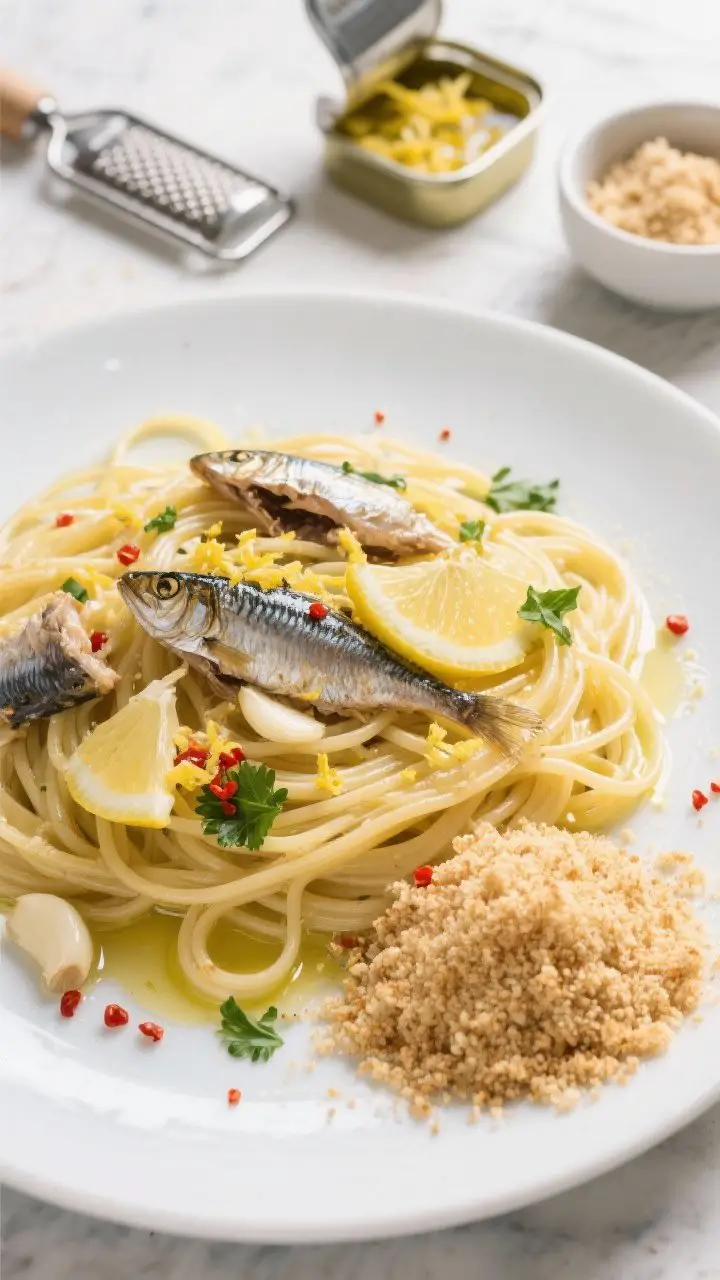 Ingredients-to-final transition overhead for Sardine and Lemon Spaghetti Aglio e Olio: a large plate of spaghetti glistening with extra-virgin olive oil, thinly sliced golden garlic, red pepper flakes, flaked sardines, lemon zest and juice, and chopped parsley; a side mound of toasted breadcrumbs ready to sprinkle, with some already on top for crunch; props include an opened sardine tin, microplane with zest, and a small bowl of crumbs; clean, airy Mediterranean mood.