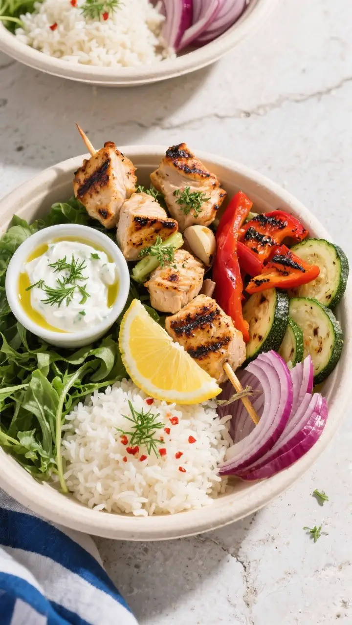 Overhead build-your-own souvlaki bowls ingredient-and-assembly flat lay: juicy, char-marked chicken chunks (lemon, garlic, oregano marinade) arranged beside charred red bell pepper, zucchini half-moons, and red onion wedges; neat mounds of steamy rice and a bed of mixed greens; a small ramekin of thick tzatziki (Greek yogurt, grated cucumber, dill, lemon) with olive oil drizzle; garnished with chopped parsley/dill, lemon halves, and a pinch of red pepper flakes; vibrant, fresh Greek street-food vibe on a light stone surface, clean lines and crisp colors.