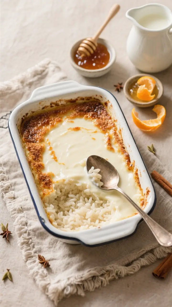 Overhead flat lay of creamy rice pudding in a shallow enamel baking dish, surface burnished with a caramelized cinnamon sugar crust and toasty edges from a quick broil; spoon trails revealing ultra-creamy interior with short-grain rice; small bowls of honey and jam on the side, a pinch bowl of cardamom, orange zest curls, and a jug of whole milk for reheating; warm neutral palette, cozy winter vibe, rustic spoon and linen for softness