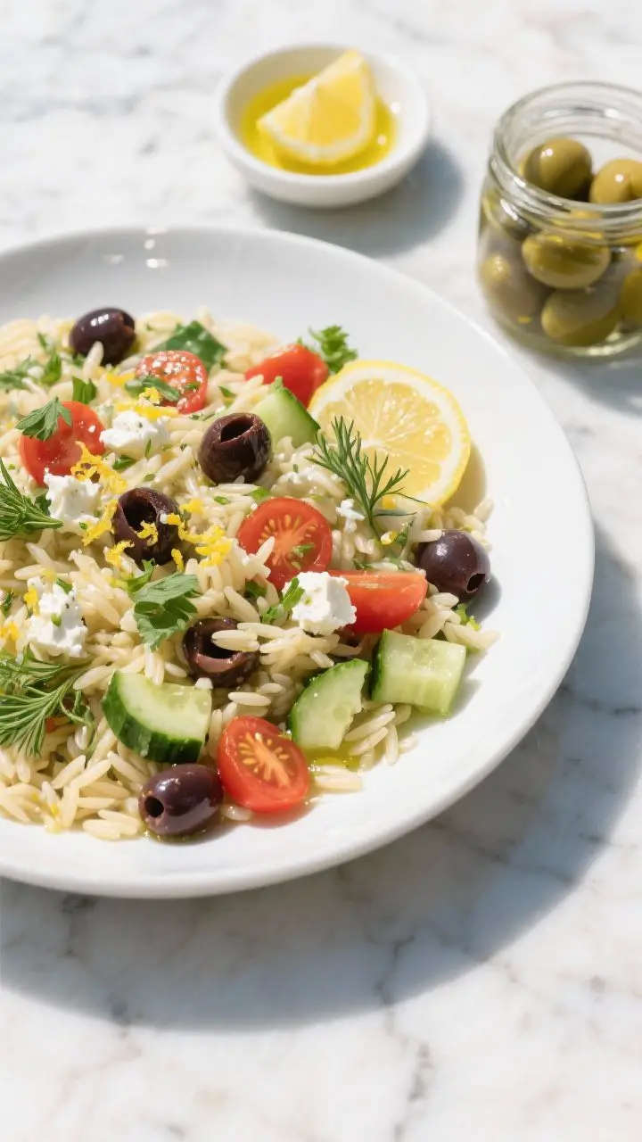 Overhead flat lay of Lemon-Herb Orzo with feta and Kalamata olives in a wide, shallow white bowl, glossy from a lemon-garlic-Dijon olive oil dressing; visible lemon zest, halved cherry tomatoes, chopped cucumber, parsley, and dill scattered throughout; a small dish of extra-virgin olive oil, a zested lemon half, and a jar of halved olives on a sunlit marble surface; bright, picnic-ready mood, clean shadows, vibrant greens and reds, no people.