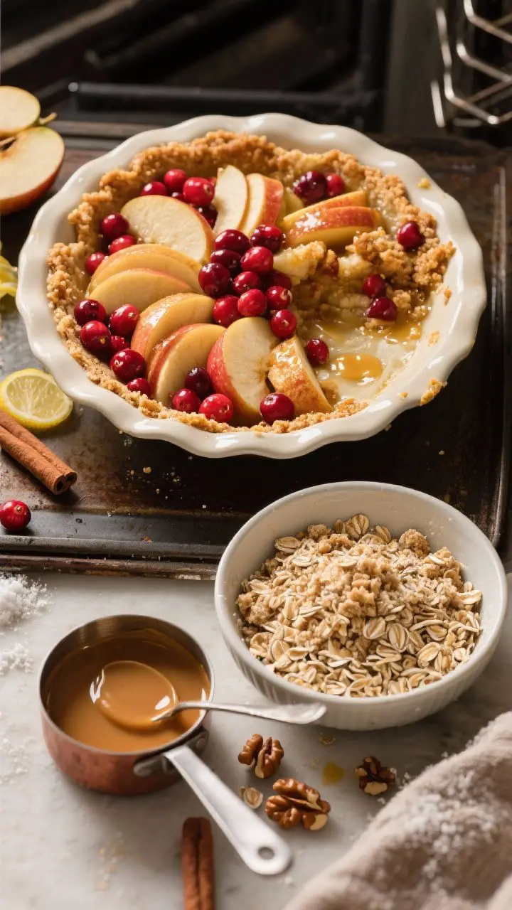 Overhead ingredient-to-oven narrative: a buttered pie dish half-filled with the apple cranberry fruit base (Honeycrisp slices, bright red cranberries, brown sugar, lemon juice, vanilla, cinnamon, cornstarch) alongside a bowl of oaty crumble topping (rolled oats, flour, brown sugar, cinnamon, salt, melted butter, chopped walnuts); a second frame in the same scene shows the finished golden crumble pudding bubbling at the edges, with a small saucepan of brown butter custard and ladle ready; vibrant reds and warm golds, rustic winter comfort, clean natural light for appetizing shine