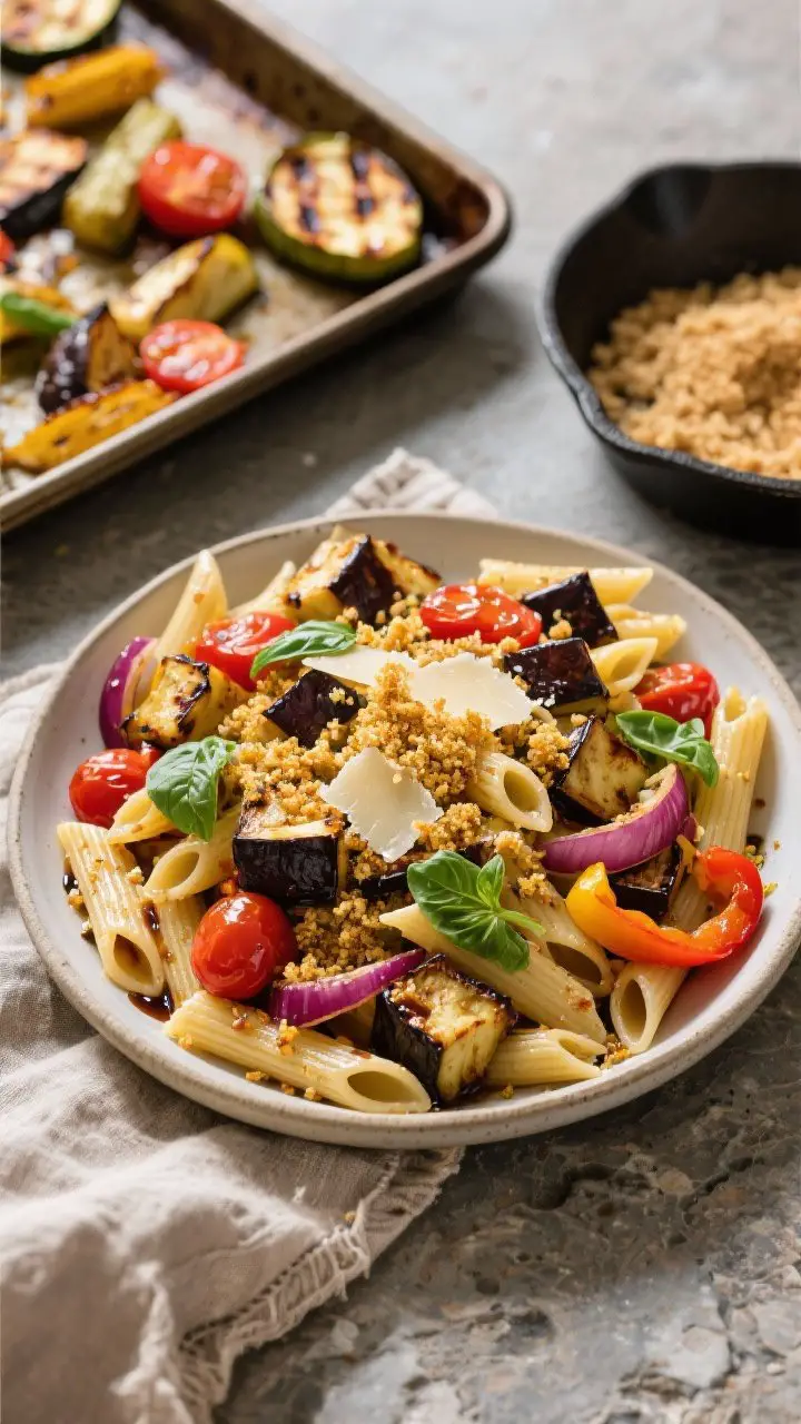 Overhead pan-to-table shot of Roasted Vegetable Penne: charred cubes of eggplant, blistered cherry tomatoes, caramelized red onion wedges, and roasted red/yellow peppers folded into penne with a balsamic-stock glaze; topped generously with golden olive tapenade breadcrumbs and grated Pecorino, torn basil strewn over; a sheet pan with roasted veg in the background, crumbs in a skillet to the side; rustic linen on a stone surface, saturated colors.