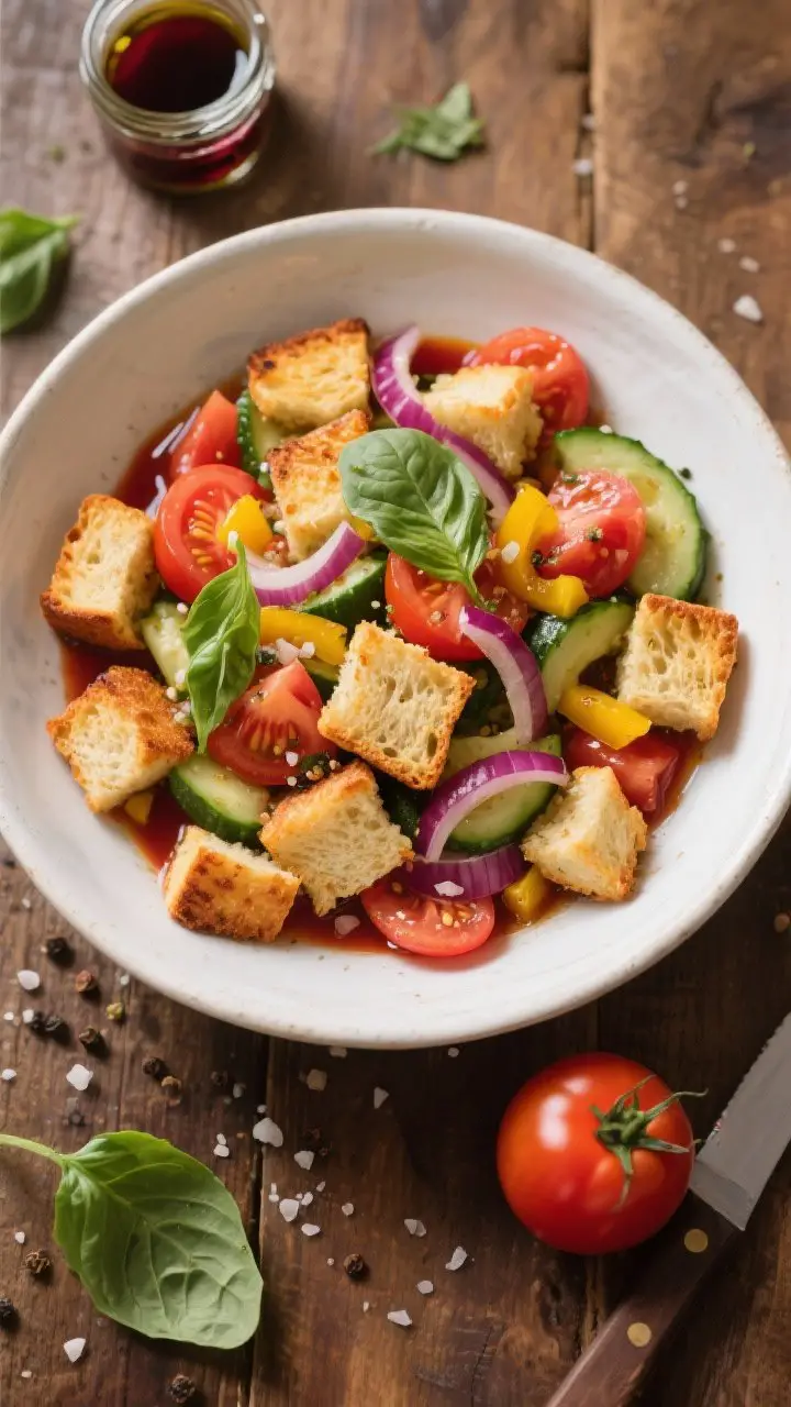 Overhead rustic scene of Italian panzanella at peak soak: golden, skillet-toasted day-old bread cubes with crisp edges mingled with juicy tomato chunks, seeded cucumber slices, thin red onion, and chopped yellow bell pepper, all lightly stained by a garlicky red wine vinegar and Dijon vinaigrette. Torn basil leaves scattered generously, coarse sea salt crystals and black pepper visible. The bread appears just-softening, absorbing tomato juices. Served in a large white ceramic serving bowl on a wooden table; a small jar of vinaigrette and a tomato with knife nearby to suggest process.