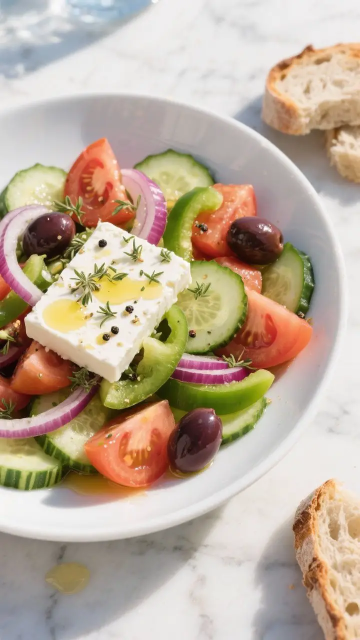 Overhead shot of a classic Greek village salad (Horiatiki) styled in a wide shallow white bowl: chunky tomato wedges, thick half-moon cucumber slices with striped peel, thin red onion crescents, green bell pepper strips, glossy Kalamata olives, and a single block of briny feta set on top. Lemony-oregano vinaigrette visibly glistening, extra dried oregano sprinkled over the feta, cracked black pepper, and a final drizzle of extra-virgin olive oil pooling with tomato juices. Rustic crusty bread pieces on the side to hint at dipping, shot on a sunlit marble surface for a breezy seaside mood.