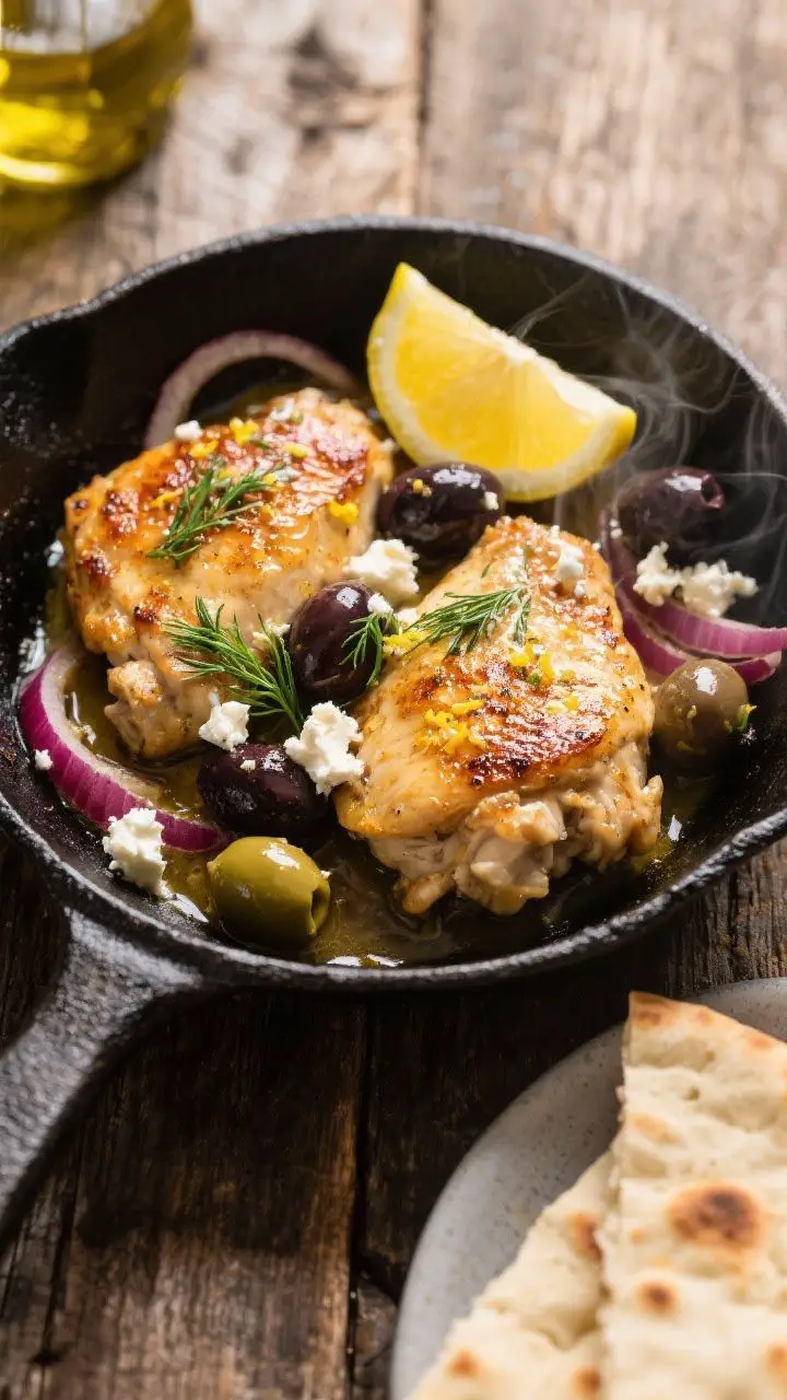Overhead skillet shot of Lemon-Herb Greek Chicken: golden-seared boneless chicken thighs nestled in a glossy lemon-garlic pan sauce, with halved Kalamata olives, crumbled feta, and a sprinkle of fresh dill and lemon zest; optional thin red onion ribbons softened in the sauce; served straight in a black cast-iron skillet on a rustic wood table, with a cut lemon, a drizzle of extra-virgin olive oil, and warm pita on the side; bright, briny Greek taverna mood, high contrast, appetizing char on chicken edges, steam visible.