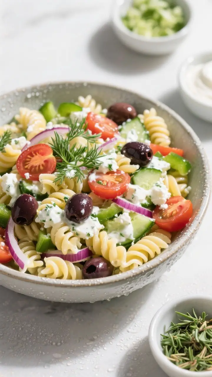 Straight-on, chilled serving bowl of Greek-Inspired Pasta Salad with Tzatziki Dressing: rotini coated in creamy yogurt-cucumber-lemon dressing, dotted with halved cherry tomatoes, Kalamata olives, sliced red onion, diced green bell pepper, crumbled feta, and fresh dill and parsley; condensation on the bowl hinting at chill; small bowls of grated cucumber, yogurt, and oregano nearby; bright daylight, crisp, fresh vibe.