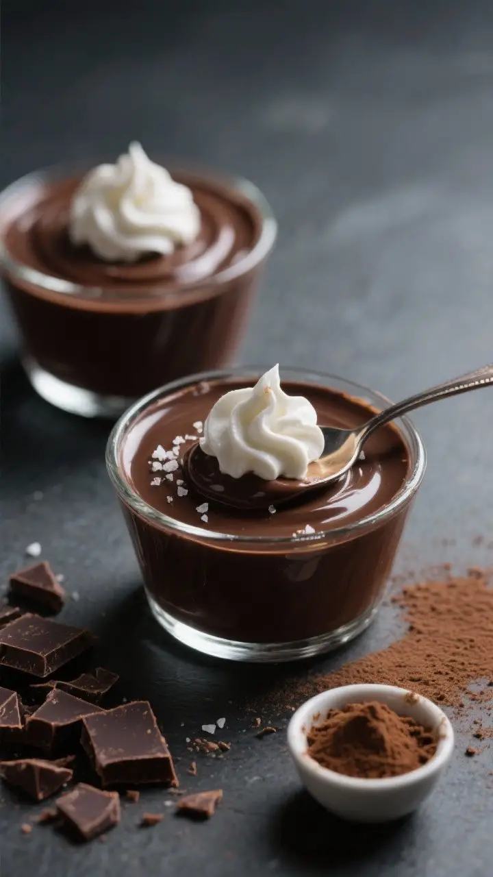 Straight-on close-up of silky chocolate pudding pots set in small glass cups, glossy dark chocolate surface with a soft dollop of espresso whip on each, faint cocoa dusting and a few sea salt flakes sparkling; one spoon dug in to show smooth spoonable texture; props include chopped 60–70% dark chocolate, cocoa powder, and a tiny bowl of instant espresso powder; cool moody lighting for luxe contrast, minimal modern styling