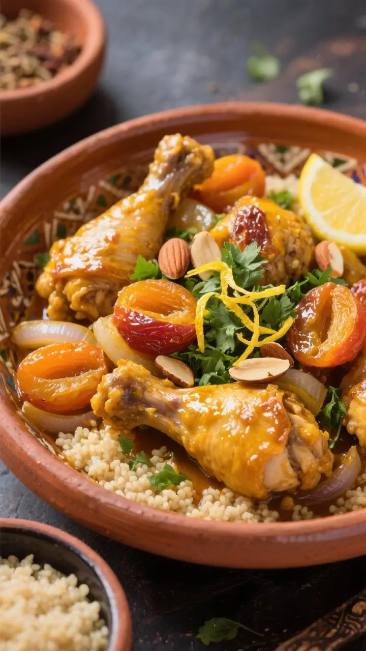 Straight-on plated Moroccan-inspired tagine bowl: tender bone-in chicken pieces glazed in a saffron-turmeric-golden sauce with onions, cumin, coriander, ginger, cinnamon, and tomato paste; plump dried apricot halves nestled throughout; topped with toasted sliced almonds and chopped cilantro/parsley; lemon zest threads and a squeeze of lemon juice to finish; served alongside fluffy couscous in a separate small bowl; warm, spiced aroma captured with glossy sauce highlights and jewel-toned apricots.