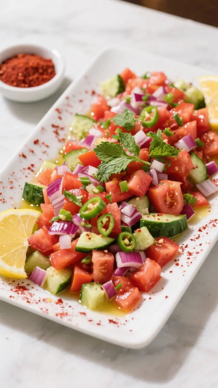 Straight-on, ultra-crisp presentation of Turkish Shepherd’s Salad (Çoban Salatası): a rectangular platter packed with finely diced tomatoes and Persian cucumbers, finely diced red onion, optional green chili bits, and a confetti of parsley and mint. The lemon-sumac dressing lightly coats the surface, with sumac’s ruby powder visibly dusted across the top, tiny droplets of olive oil catching the light. Clean, punchy colors, served immediately for max crunch; a small side dish of extra lemon wedges and a pinch bowl of sumac in frame.