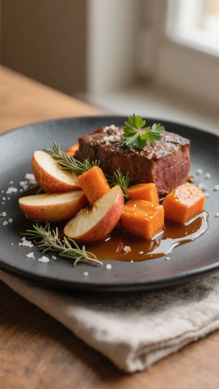 5-inch carrot chunks and jammy apple slices with skins on; glossy, amber apple-onion jus pooling ben