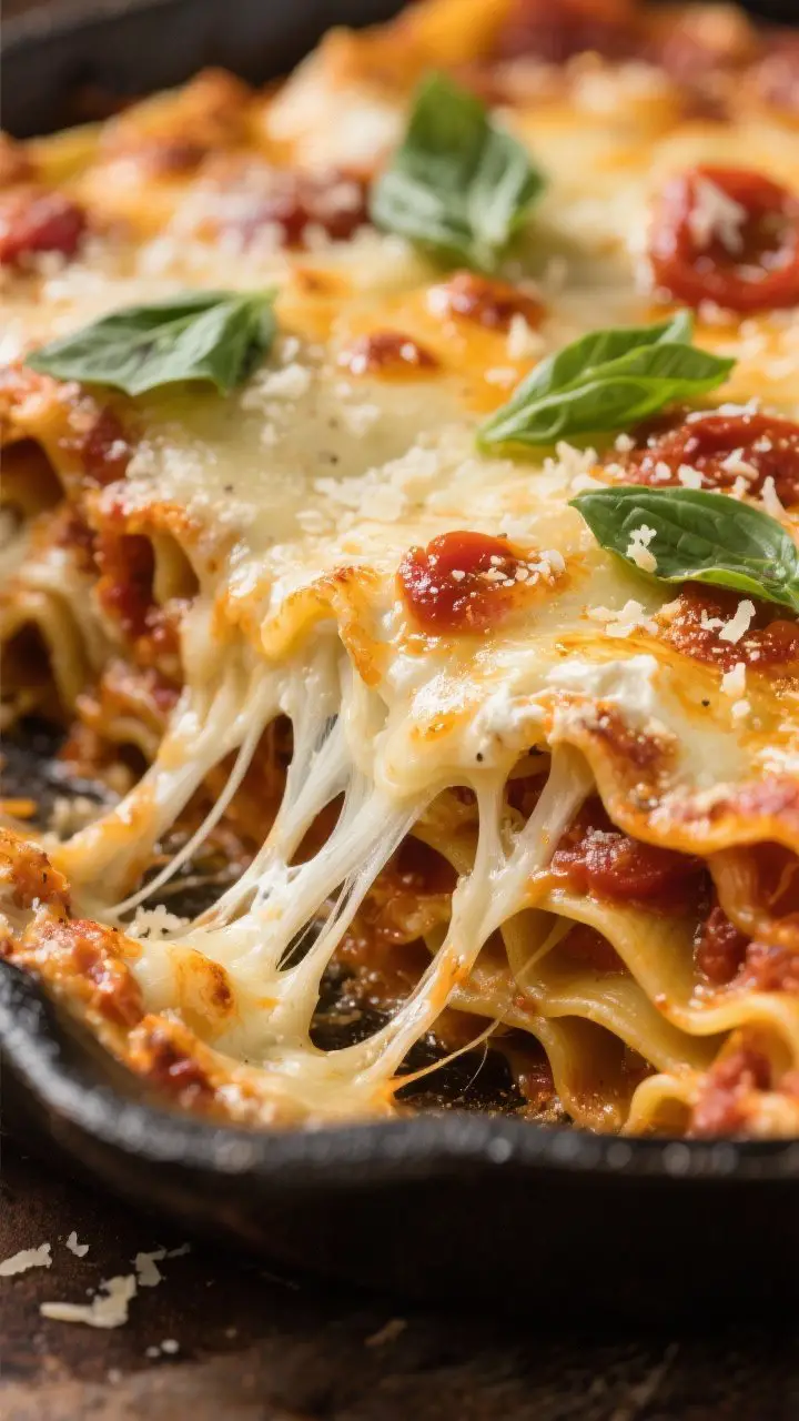 Close-up cheesy finish – melty, stretchy detail: Tight macro of the finished skillet lasagna just 