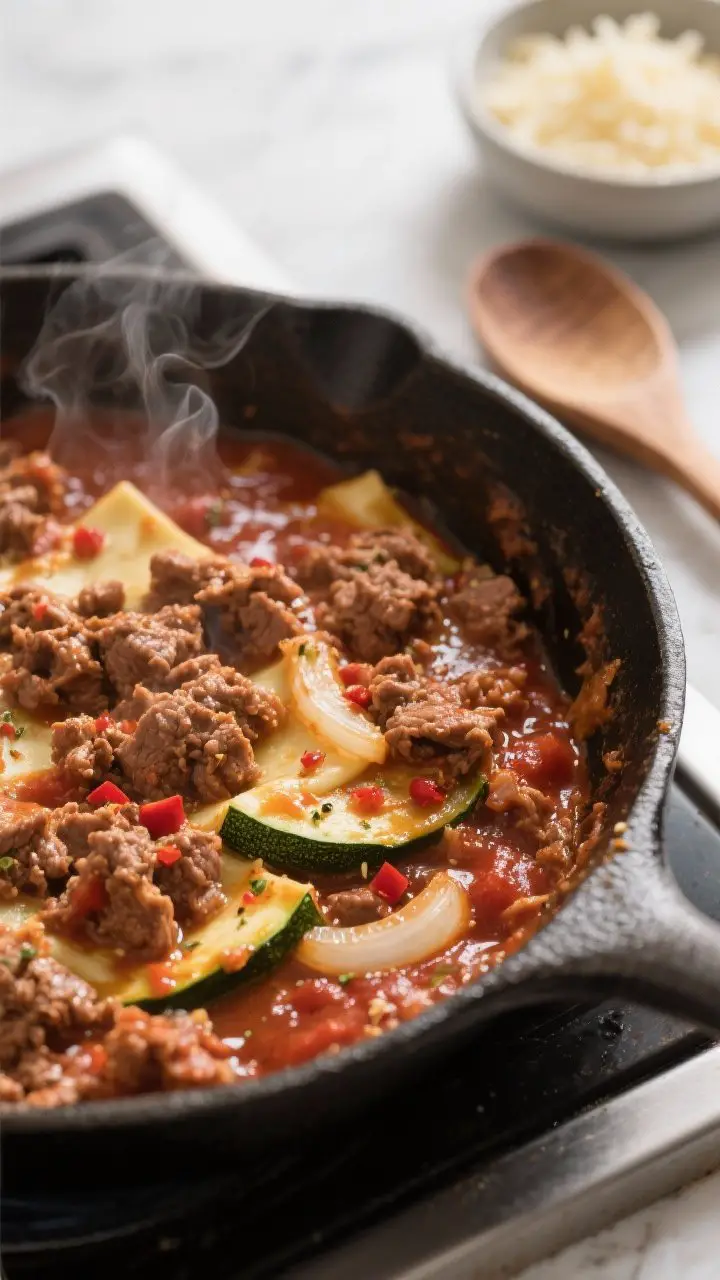 Close-up detail: A bubbling pan of thickened meat sauce for zucchini lasagna, showing crumbled brown