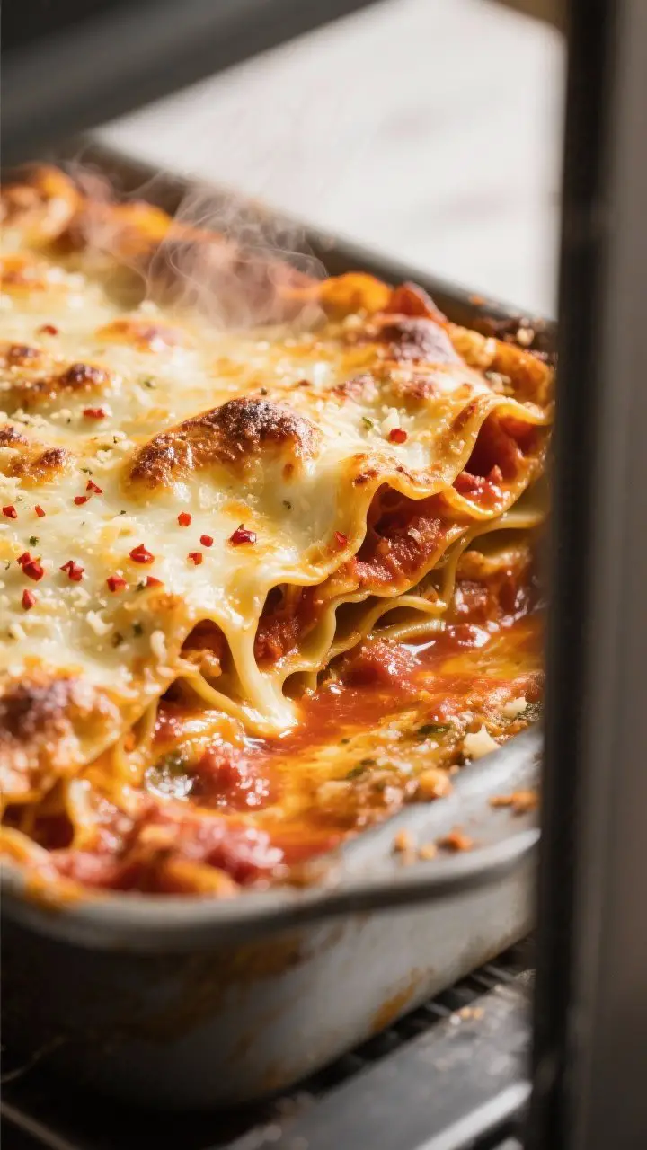 Close-up detail: A bubbling, uncovered no-boil lasagna mid-bake with intensely golden, blistered moz