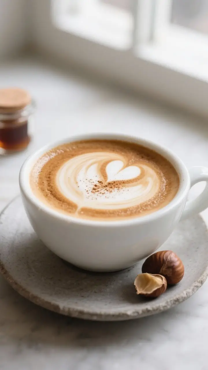 Close-up detail: A freshly made Vanilla Chestnut Cappuccino with silky, velvety microfoam swirled in