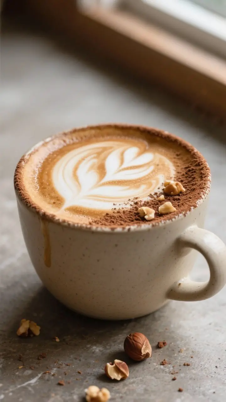 Close-up detail: A freshly poured roasted hazelnut latte with silky microfoam cascading into the cup