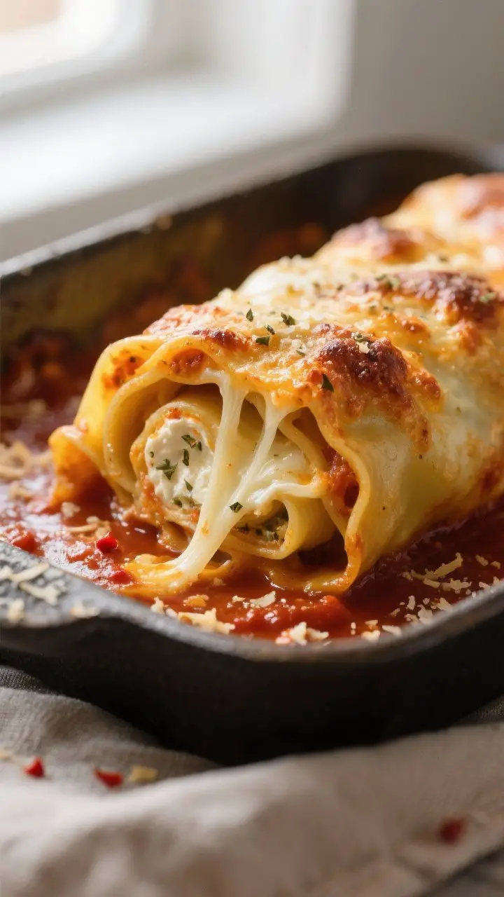 Close-up detail: A golden-bubbly lasagna roll up fresh from the oven, cheese pull showing melty mozz