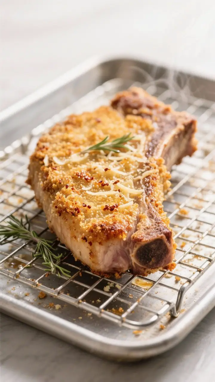 Close-up detail: A golden, Parmesan-panko crusted bone-in pork chop just out of the oven on a lightl