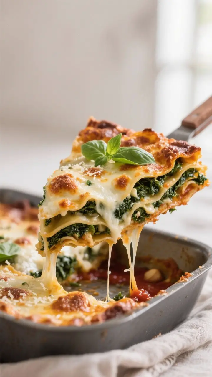 Close-up detail: A gooey, just-baked slice of Vegetarian Spinach Lasagna being lifted from the pan, 