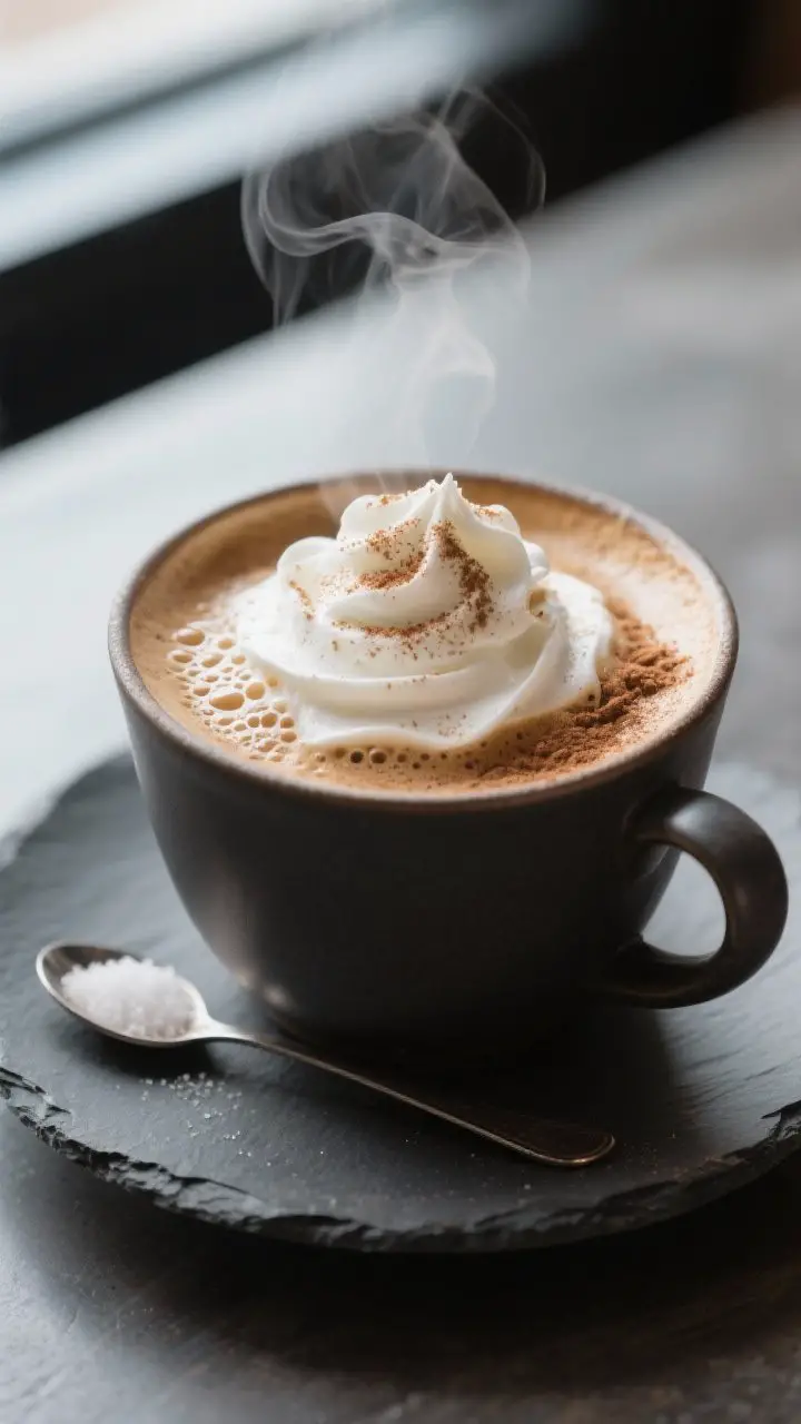 Close-up detail: A hot mug of Irish cream coffee with the lightly whipped cream floating in a distin