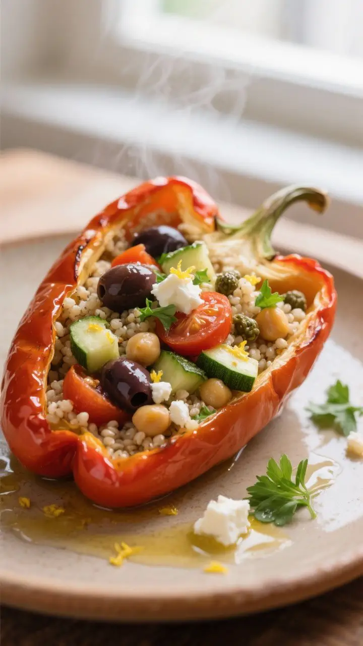 Close-up detail: A just-baked Mediterranean stuffed pepper cut open to reveal fluffy quinoa tossed w