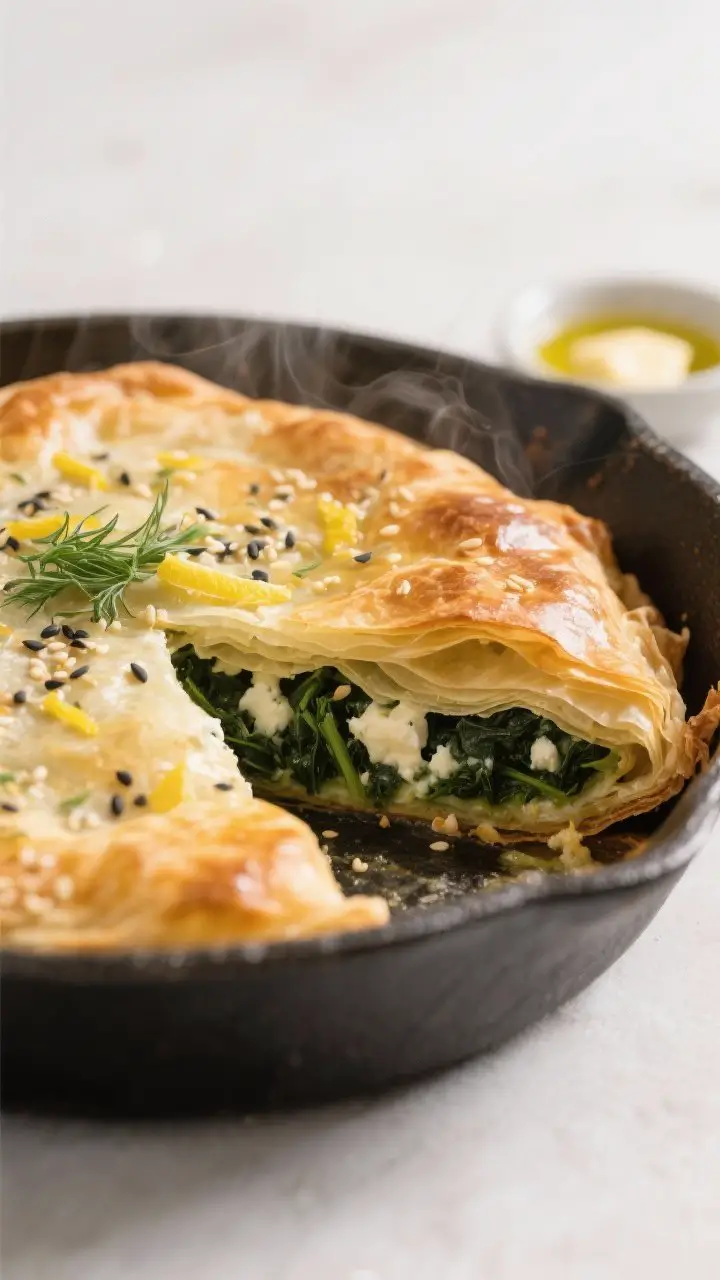 Close-up detail: A just-baked spanakopita in the pan, corner piece slightly lifted to reveal shatter