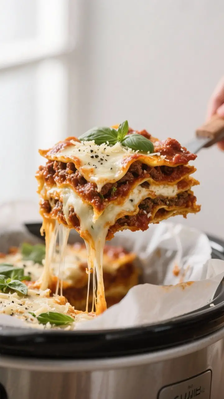 Close-up detail: A molten slice of slow cooker lasagna being lifted from the crock, showing distinct