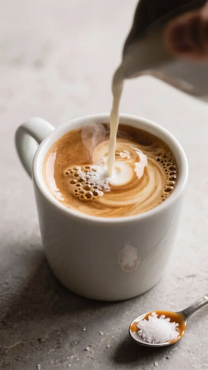 Close-up detail: A steaming mug of Toffee Nut Brew as the flavored milk is being poured slowly into 
