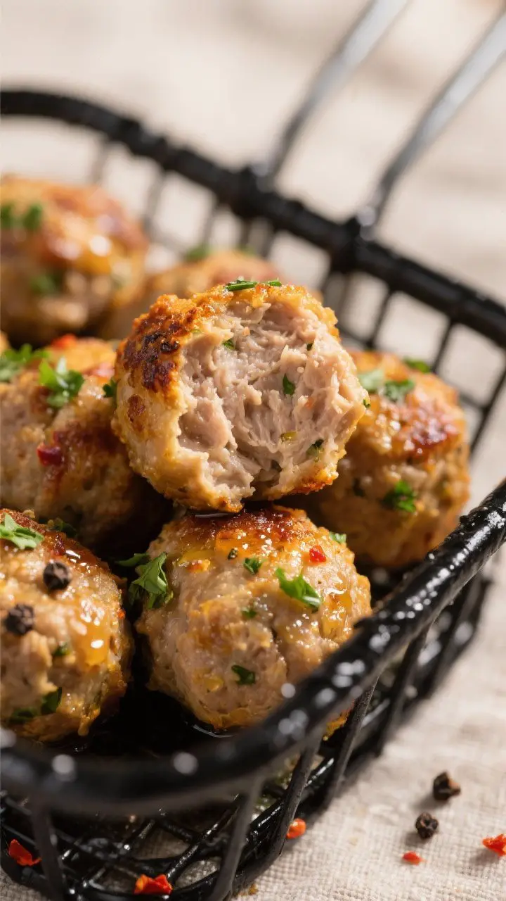 Close-up detail: A tight macro shot of crispy air-fried turkey meatballs just out of the basket, sho