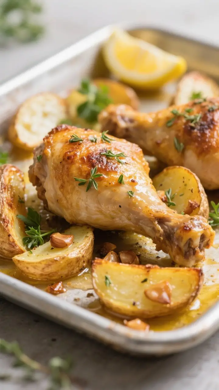 Close-up detail: A tight shot of golden, crispy-skinned bone-in chicken thighs nestled over carameli