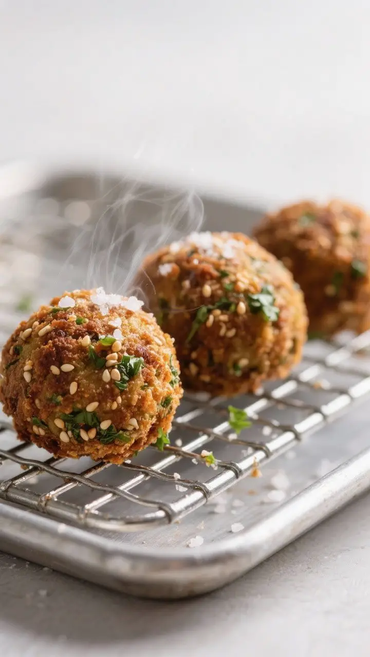 Close-up detail: A trio of just-fried falafel balls draining on a wire rack over a sheet pan, crust 