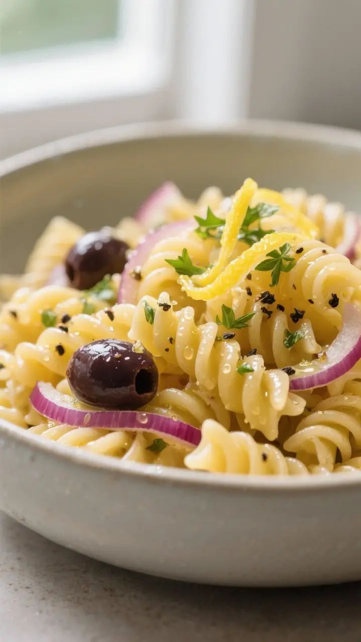 Close-up detail: Al dente fusilli just tossed with the bright lemon-olive oil dressing, glistening w