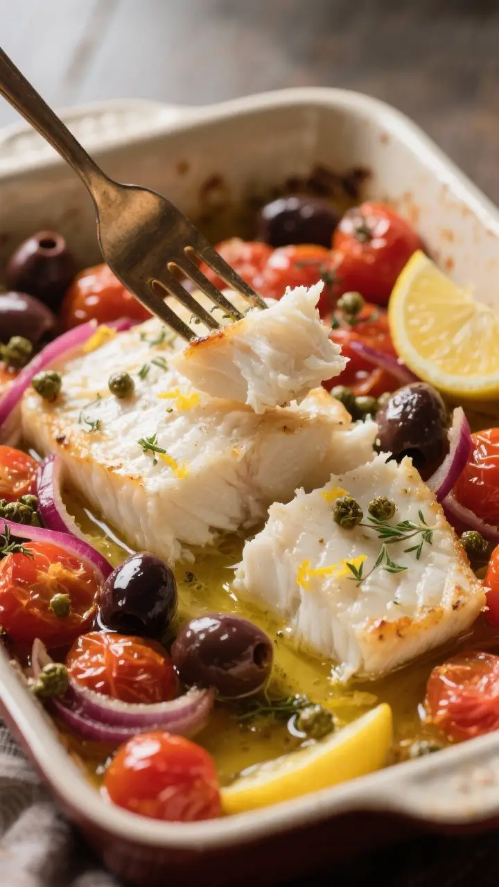 Close-up detail: Flaky baked cod just out of the oven, a fork gently pulling apart tender, opaque wh