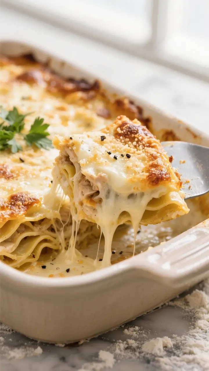 Close-up detail: Golden-bubbly Chicken Alfredo Lasagna just out of the oven, corner slice still in t