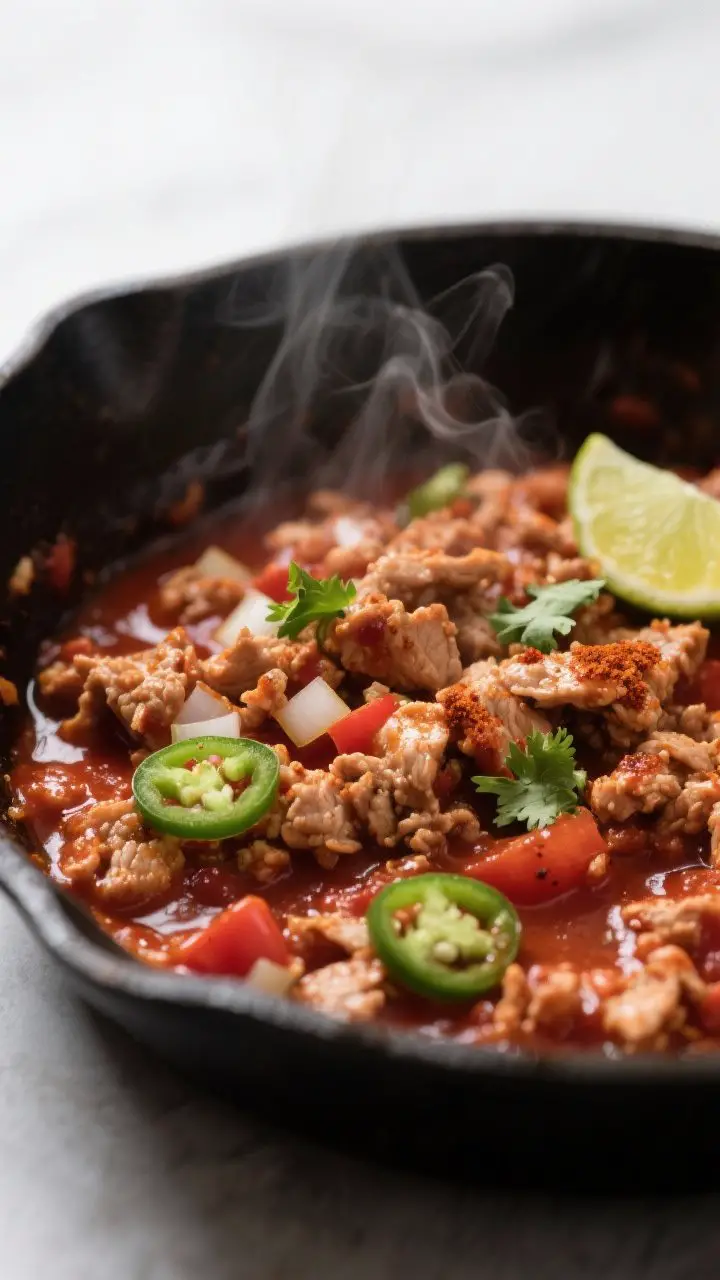 Close-up detail: Juicy, saucy ground turkey taco filling sizzling in a skillet after simmering with 