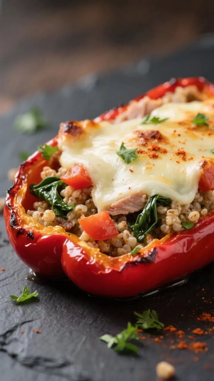 Close-up detail: Melted part-skim mozzarella cascading over baked lean turkey and quinoa filling ins
