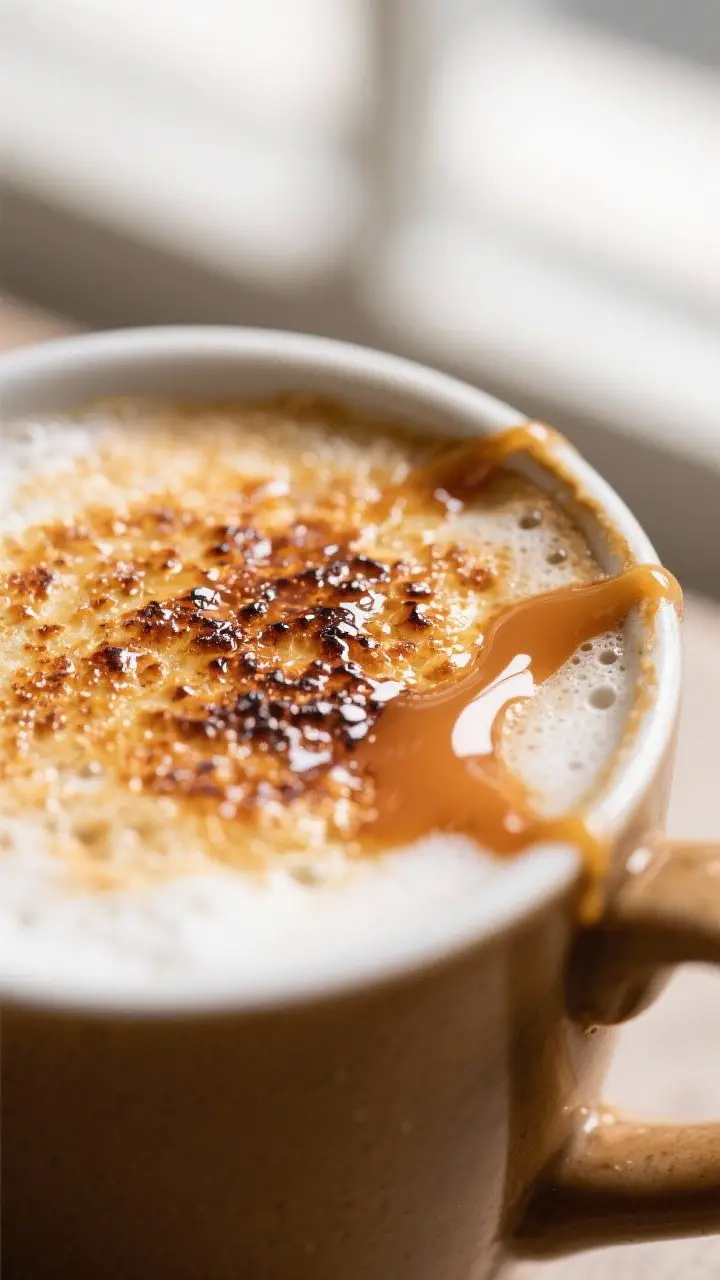 Close-up detail of the brûlée finish on a Caramel Brûlée Latte: tight macro of a glossy, amber-s