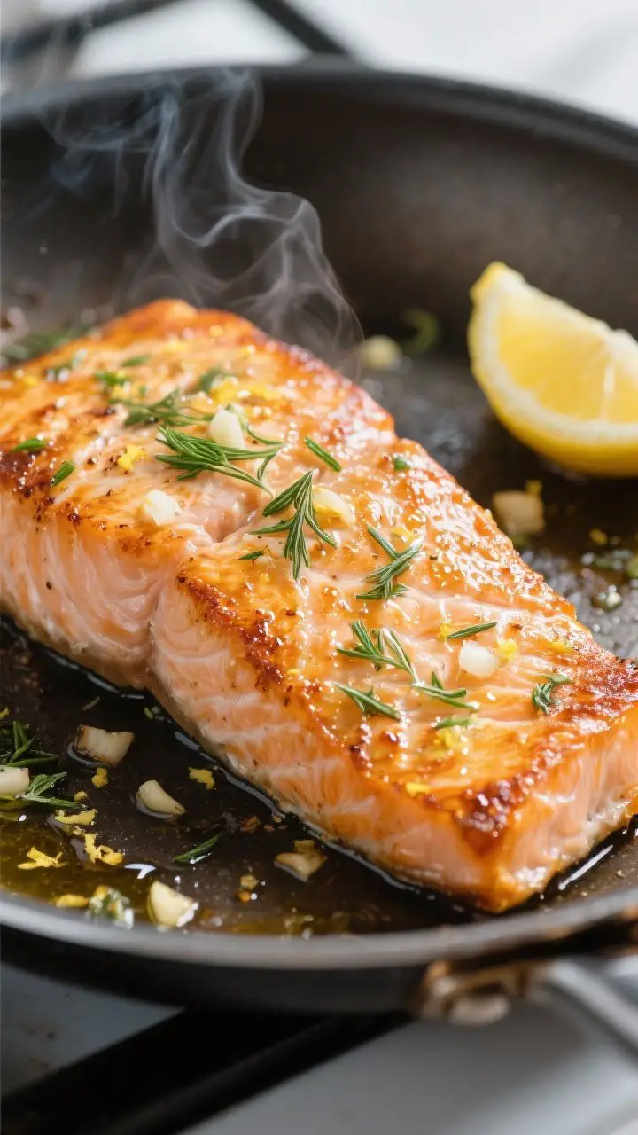 Close-up detail: Pan-seared Greek salmon fillet just after flipping in a stainless skillet, showing 