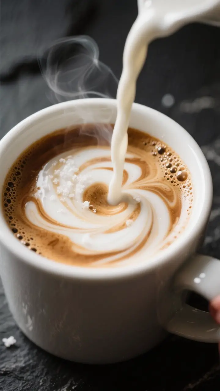 Close-up detail shot: A steaming mug of Peppermint White Mocha as the silky white chocolate milk str