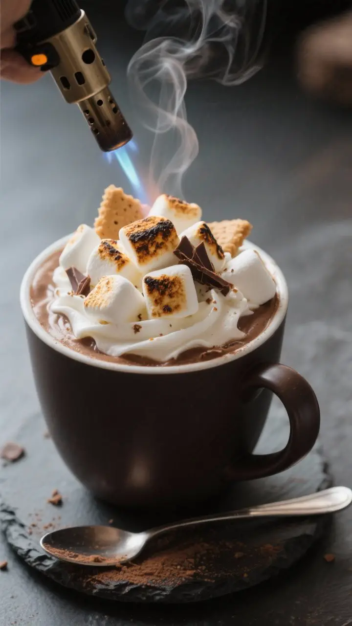 Close-up detail shot: A steaming mug of toasted marshmallow mocha as the kitchen torch kisses a laye