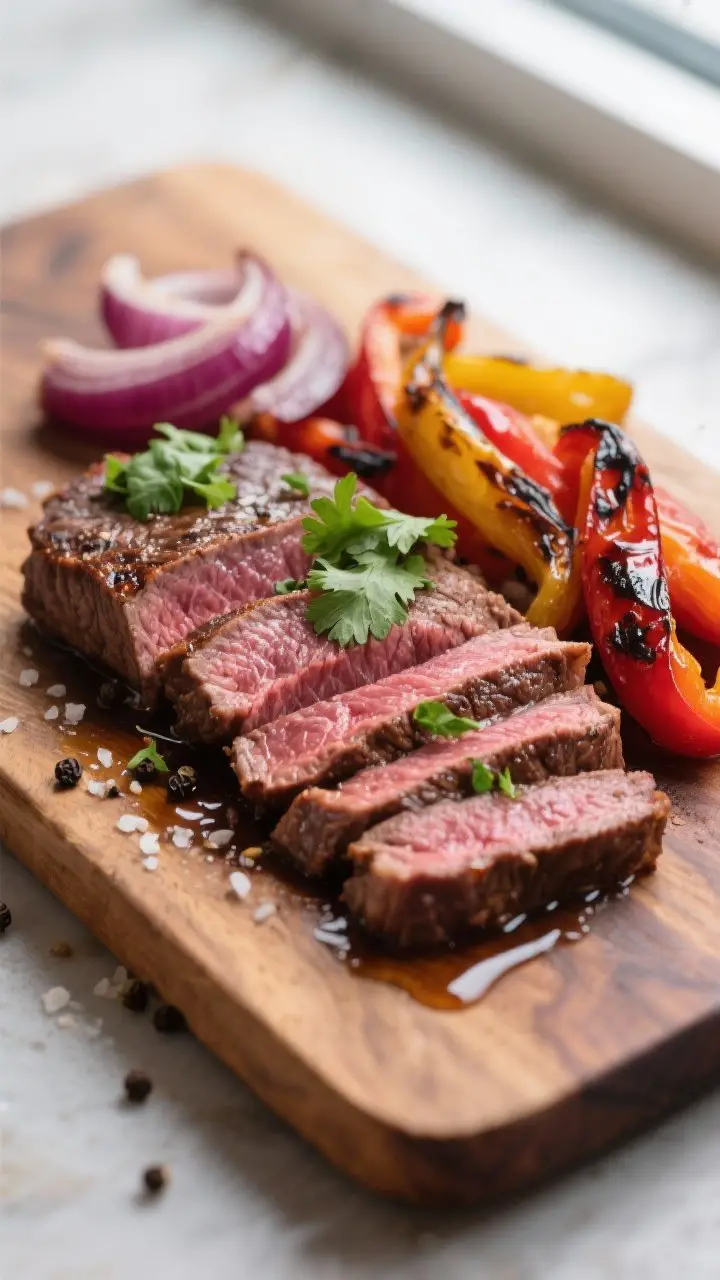 Close-up detail shot: Sliced medium-rare flank steak just after resting, glistening with resting jui