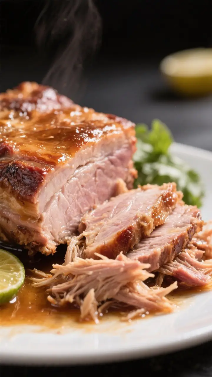 Close-up detail shot: Sliced pork shoulder, just shredded, glistening with its own juices, nestled b