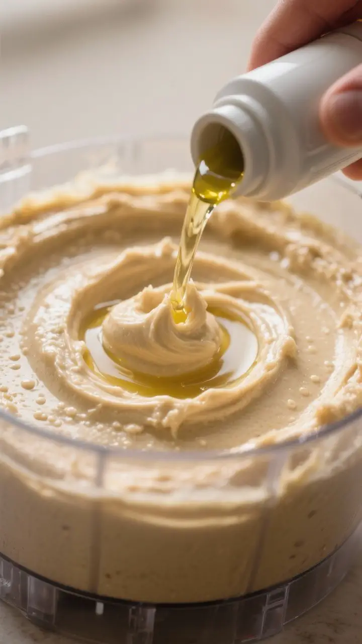 Close-up detail shot: Ultra-smooth, freshly blended hummus swirling in a food processor bowl, showin
