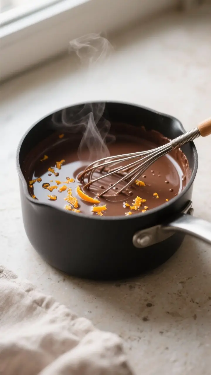 Close-up detail: Silky chocolate orange milk being whisked in a small saucepan over low heat, melted